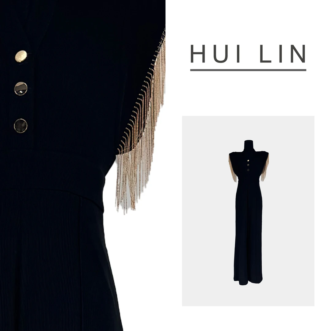 【夏季新款】前扣轻奢高端黑色无袖流苏拼接直筒连体裤【25534】