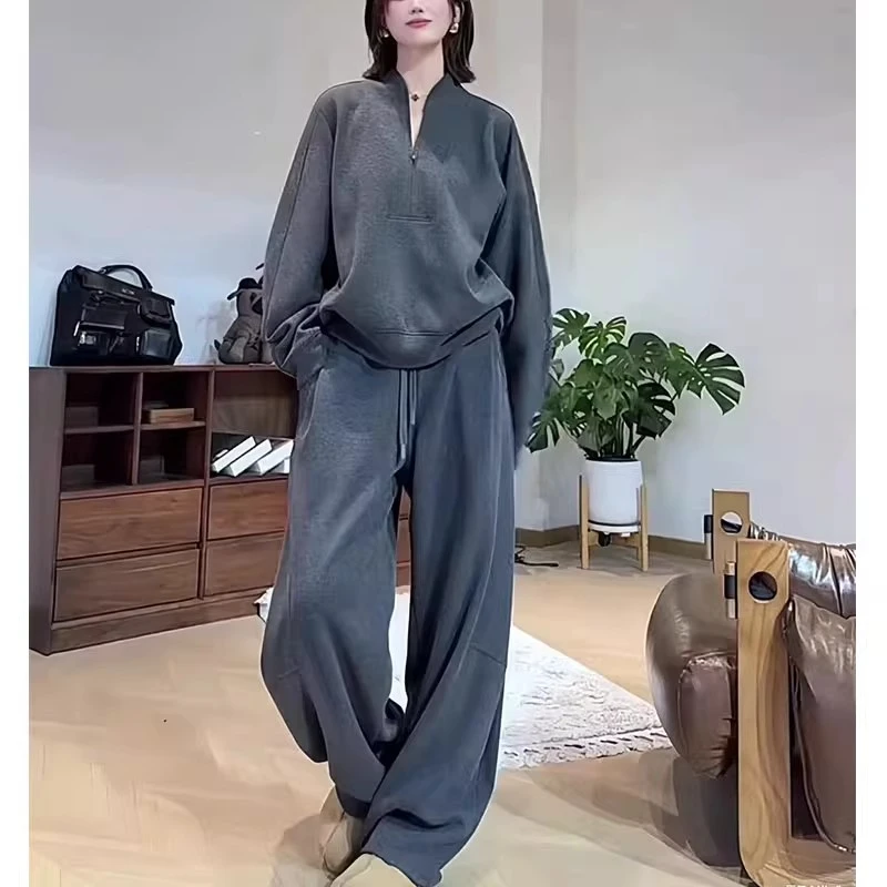 时尚运动套装女2025秋季新款韩版休闲宽松卫衣抽绳直筒裤两件套潮