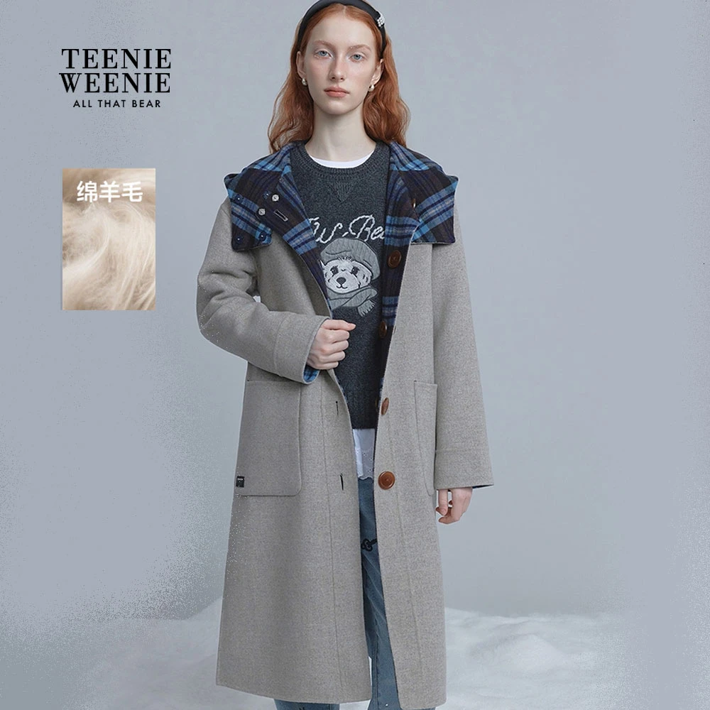 *TeenieWeenie小熊女装毛呢大衣25年冬新灰色带帽外套TTJW254CC1B
