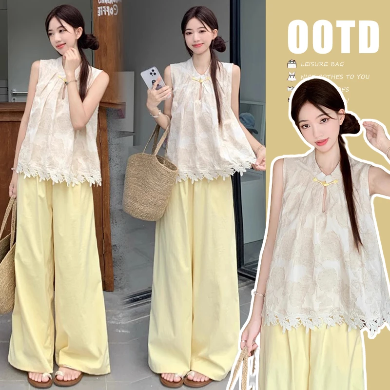 孕妇装夏季2025新款甜美减龄国风重工花边上衣+奶黄孕妇阔腿裤