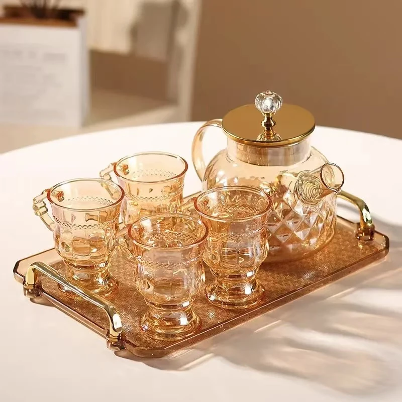琥珀欧式轻奢高档水具套装家用煮茶套装一壶四杯送托盘家用大容量