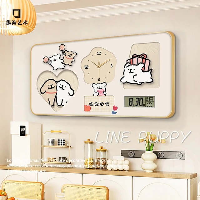 致韬2025新款线 线条小狗饭厅装饰画 画可爱简约家用万年历电子时