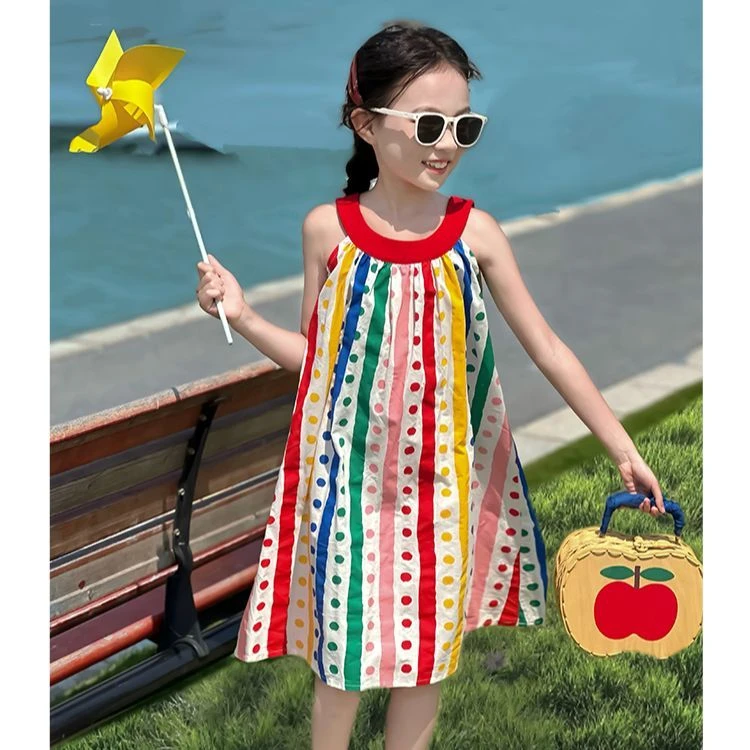 女童连衣裙夏季新款宝宝洋气儿童无袖背心公主彩虹条纹裙子波点