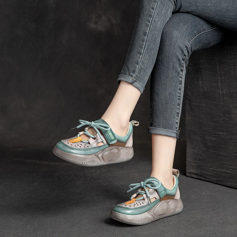 夏季新款平底镂空EVA 前系带凉鞋头层牛皮擦色复古松糕鞋T7-9318