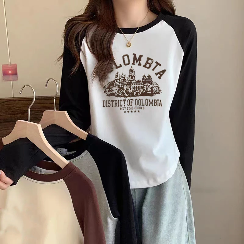 8896#美式复古ins拼接撞色长袖t恤女2025秋冬洋气高品质打底衫女