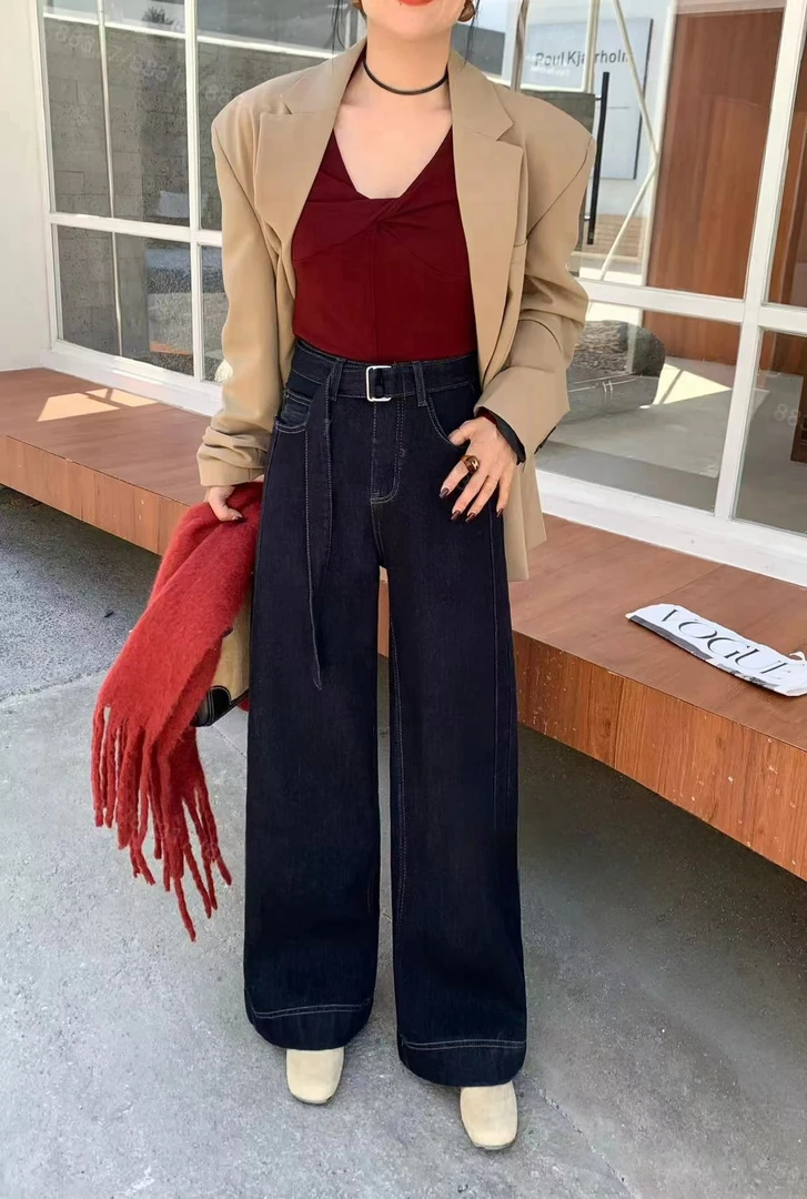 88317-冬季加绒加厚黑色牛仔裤大直筒裤显瘦不褪色保暖阔腿裤