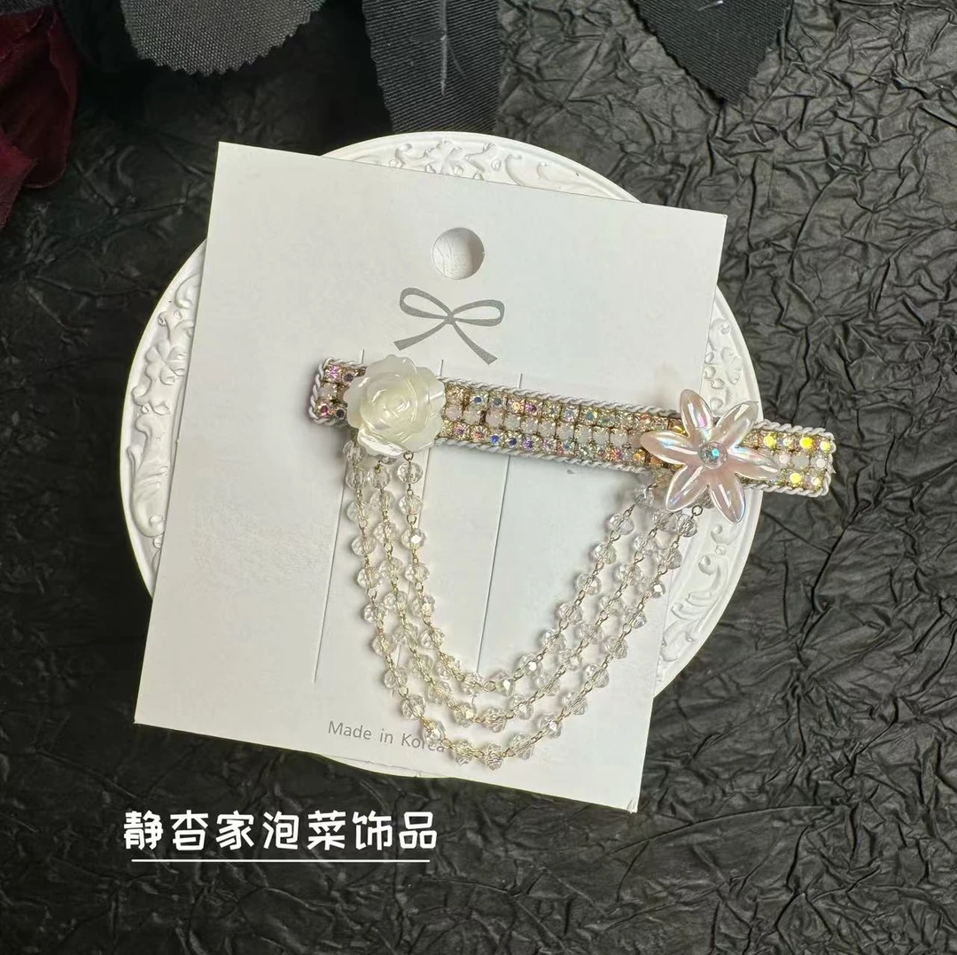 静杳家韩国进口手工双花朵流苏款鸭嘴夹侧边夹气质优雅风