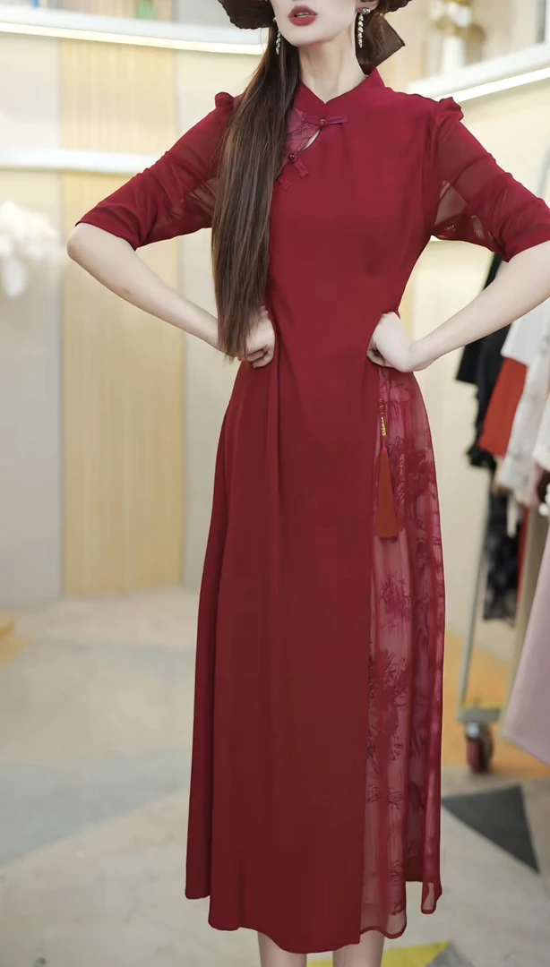 Q421时尚中式改良汉服旗袍裙子新款气质高贵拼接连衣裙