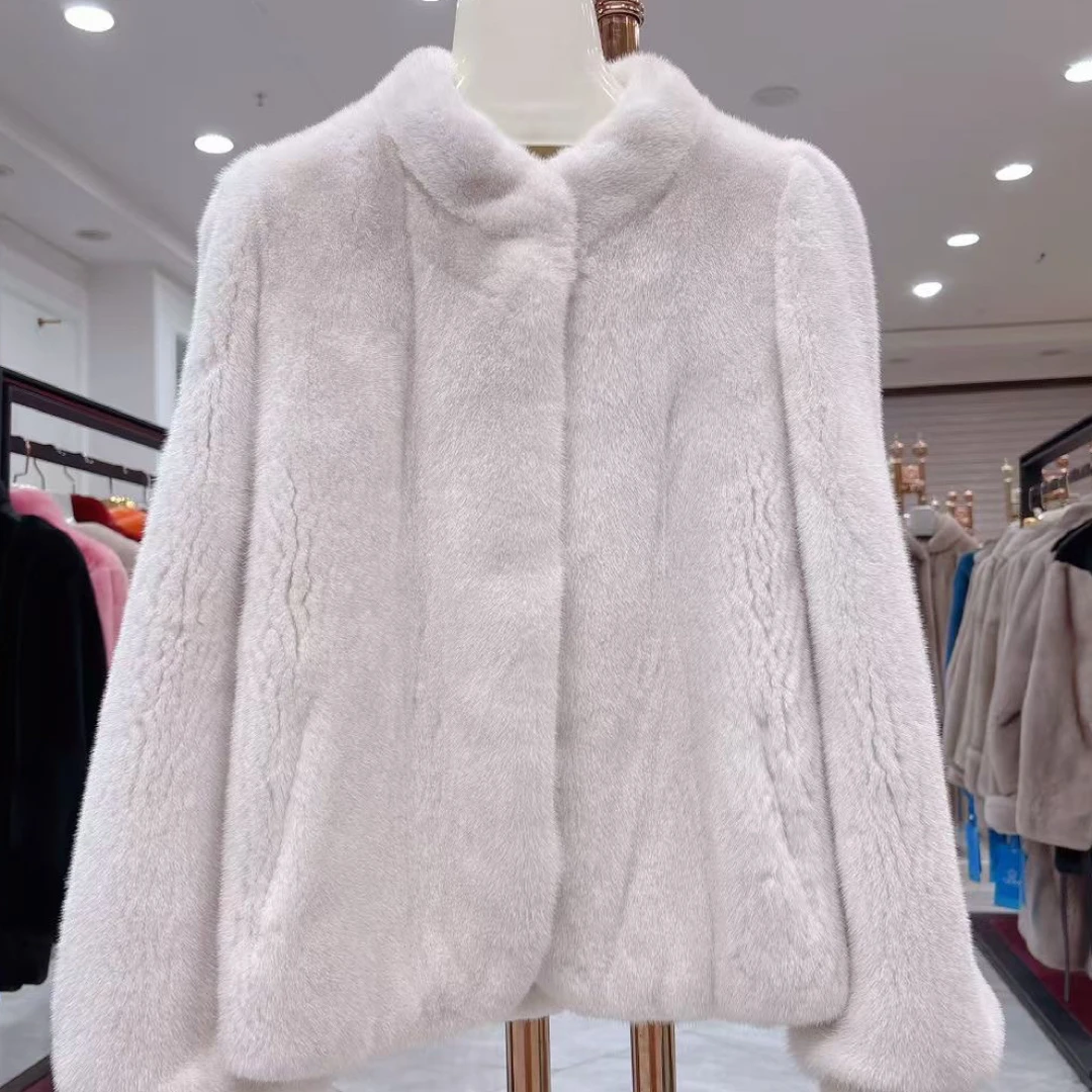 110/60 进口紫金皇冠天鹅绒二短 冰粉色立领嘟嘟袖