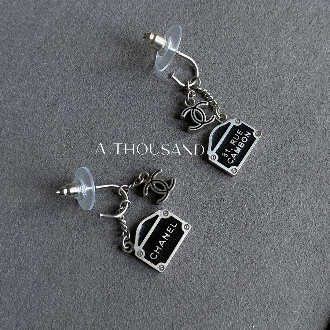 95新 Chanel/香奈儿 黑银康鹏信封耳环-58512559