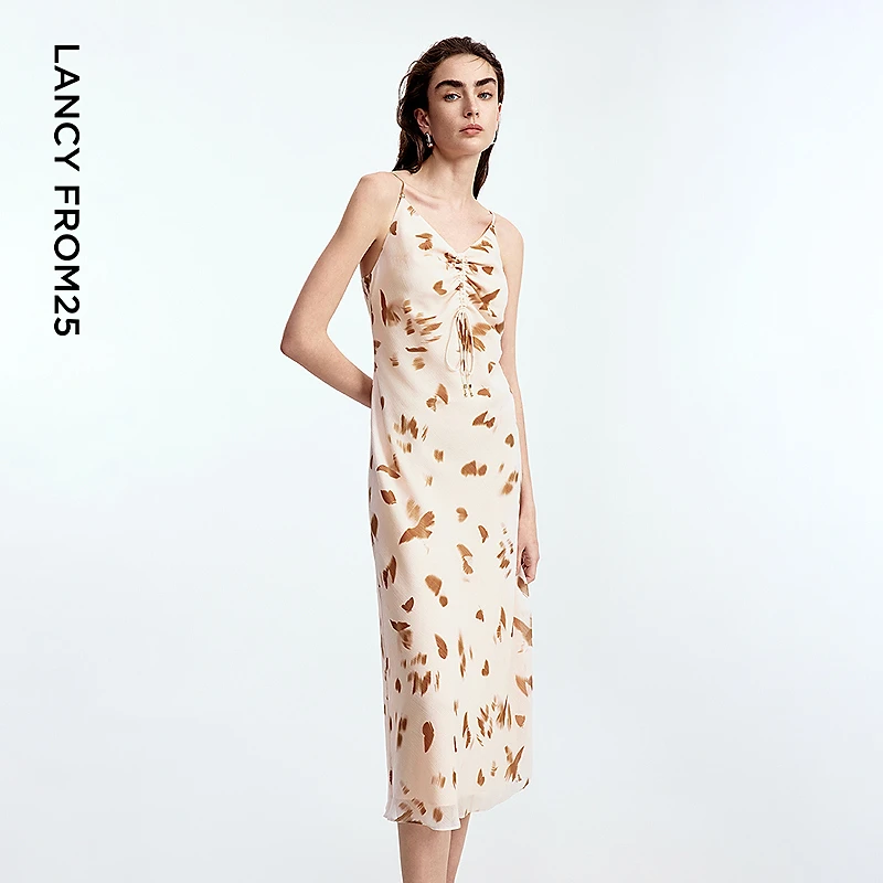 【漾25系列】朗姿2025秋高级感新款吊带印花设计感粉色气质连衣裙