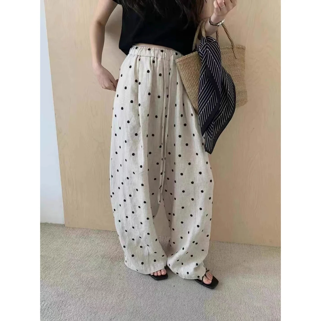 颜值拉满！2025夏季新款波点阔腿裤百搭松弛感松紧气质休闲直筒裤