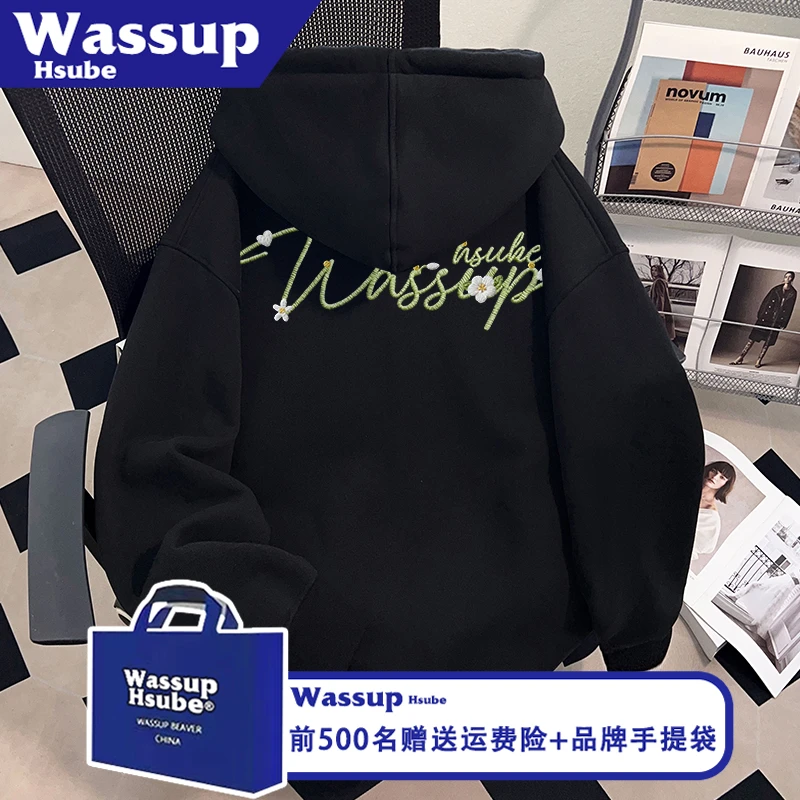 WASSUP HSUBE秋冬男女拉链黑色卫衣连帽开衫流行字母刺绣潮牌外套