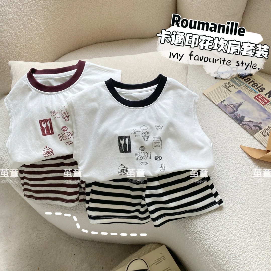 【麦麦妈】X254夏季小童卡通印花坎肩套装新品男女宝宝休闲百搭两件