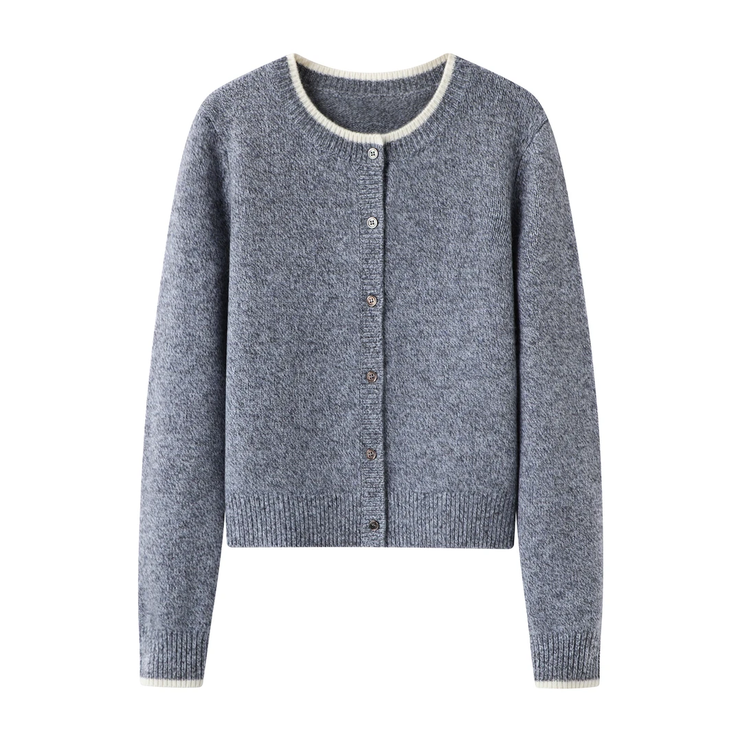 慵懒风软糯拼接假两件针织衫女圆领单排扣毛衣外套