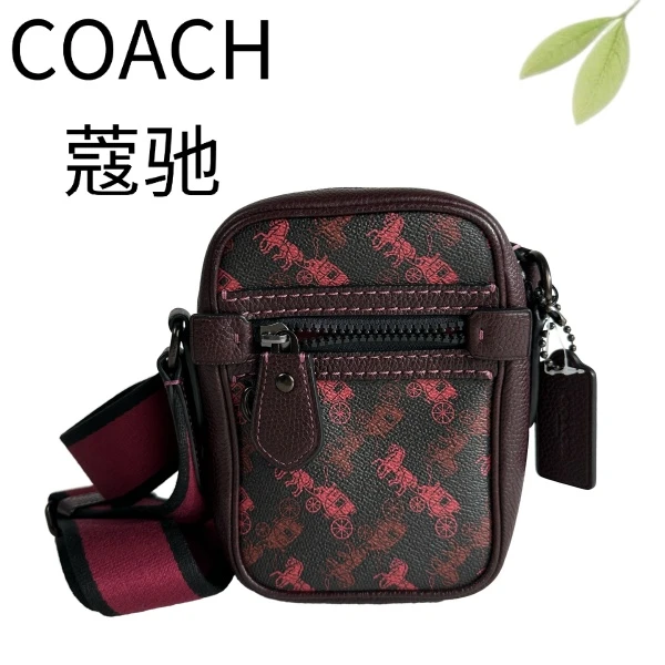 99新 COACH/蔻驰 深红马车标手机斜挎包G25905152底长12X17