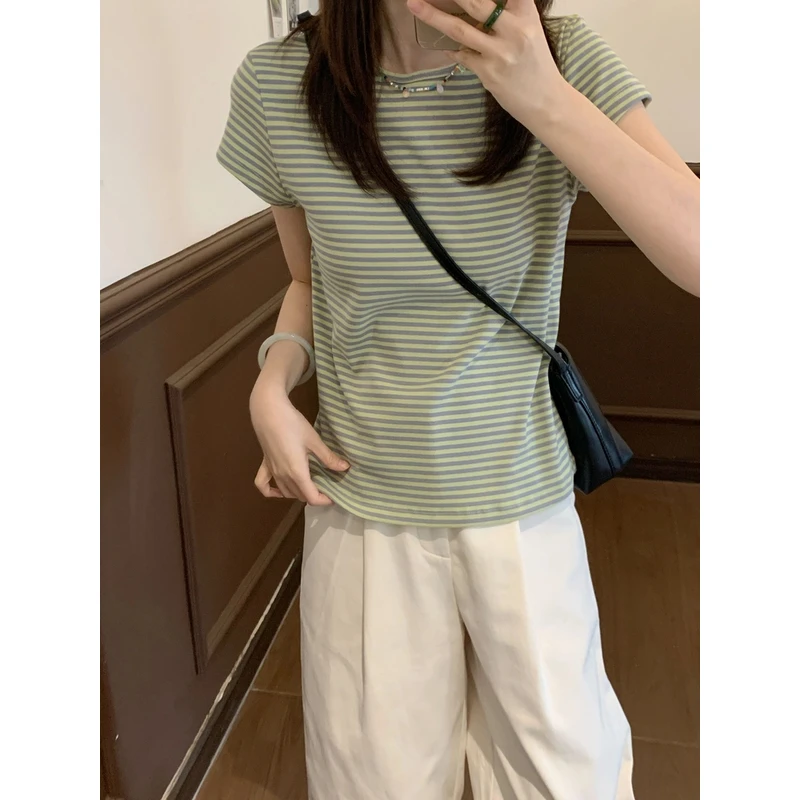 【Niche Young】百搭夏季宽松条纹韩版小众设计感T恤Y6046