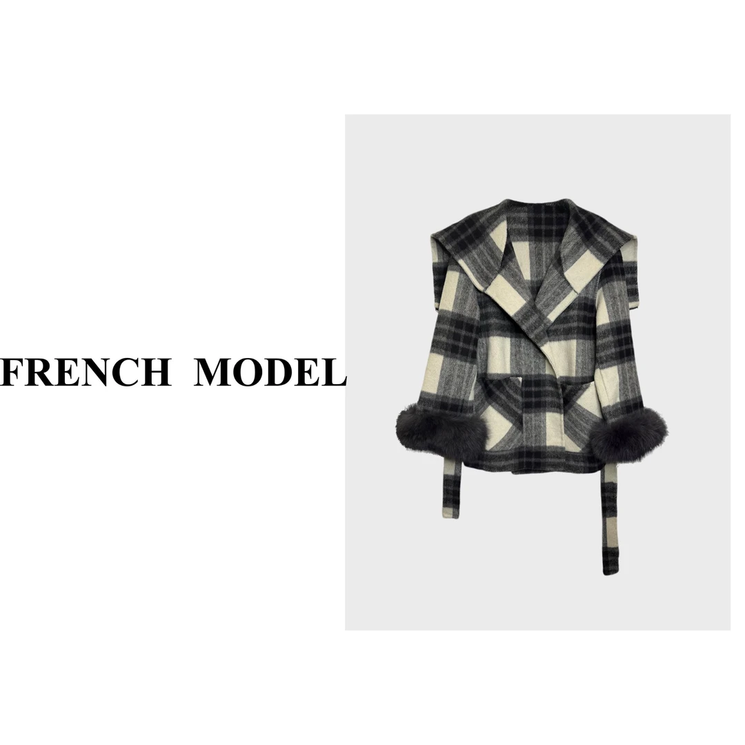 法模FRENCH MODEL . 2024冬季大翻领格子中长羊毛大衣 41160636