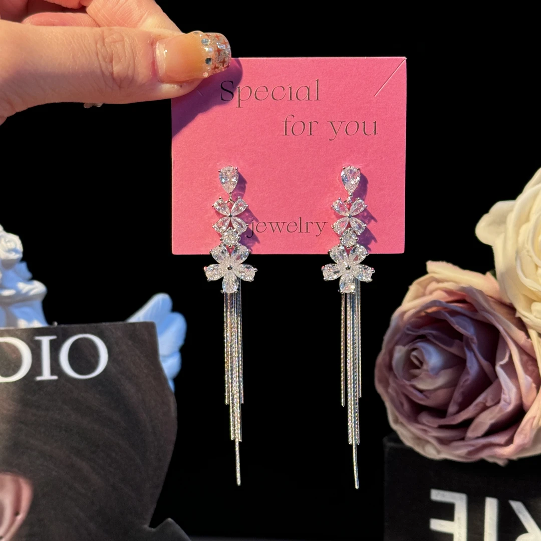 铜合金耳饰 若嫣】超仙锆石花朵长款流苏耳环超闪两戴耳钉甜美精致