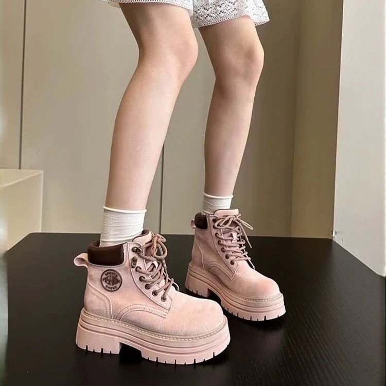 白鹿同款~新版欧美粉色增高厚底户外马丁靴女短靴工装大黄靴