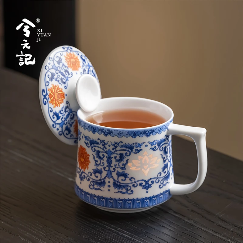 玲珑玉瓷青花釉里红茶杯带盖个人专用办公室马克杯家用高档水杯子