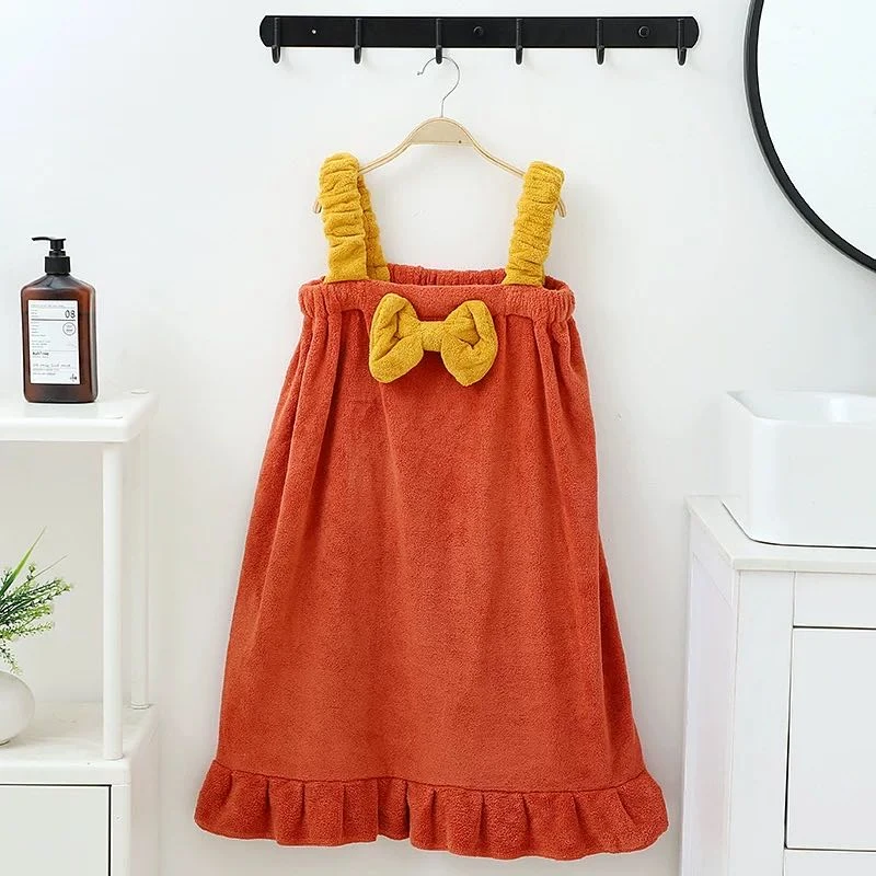 可爱卡通吊带浴裙蝴蝶结设计柔软吸水女士浴衣浴袍