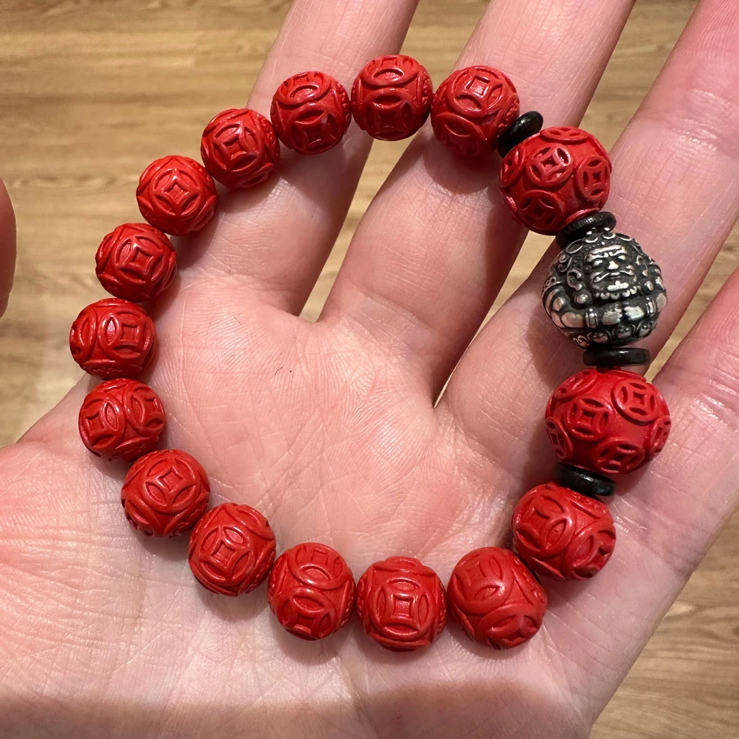 含辰砂工艺品<一禅兄>S925银铜钱朱砂黑檀木片做旧财财珠弹力手串