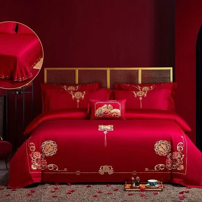 【天成喜事】亲肤棉简约轻奢绣花新中式大红色喜庆结婚喜被四件套