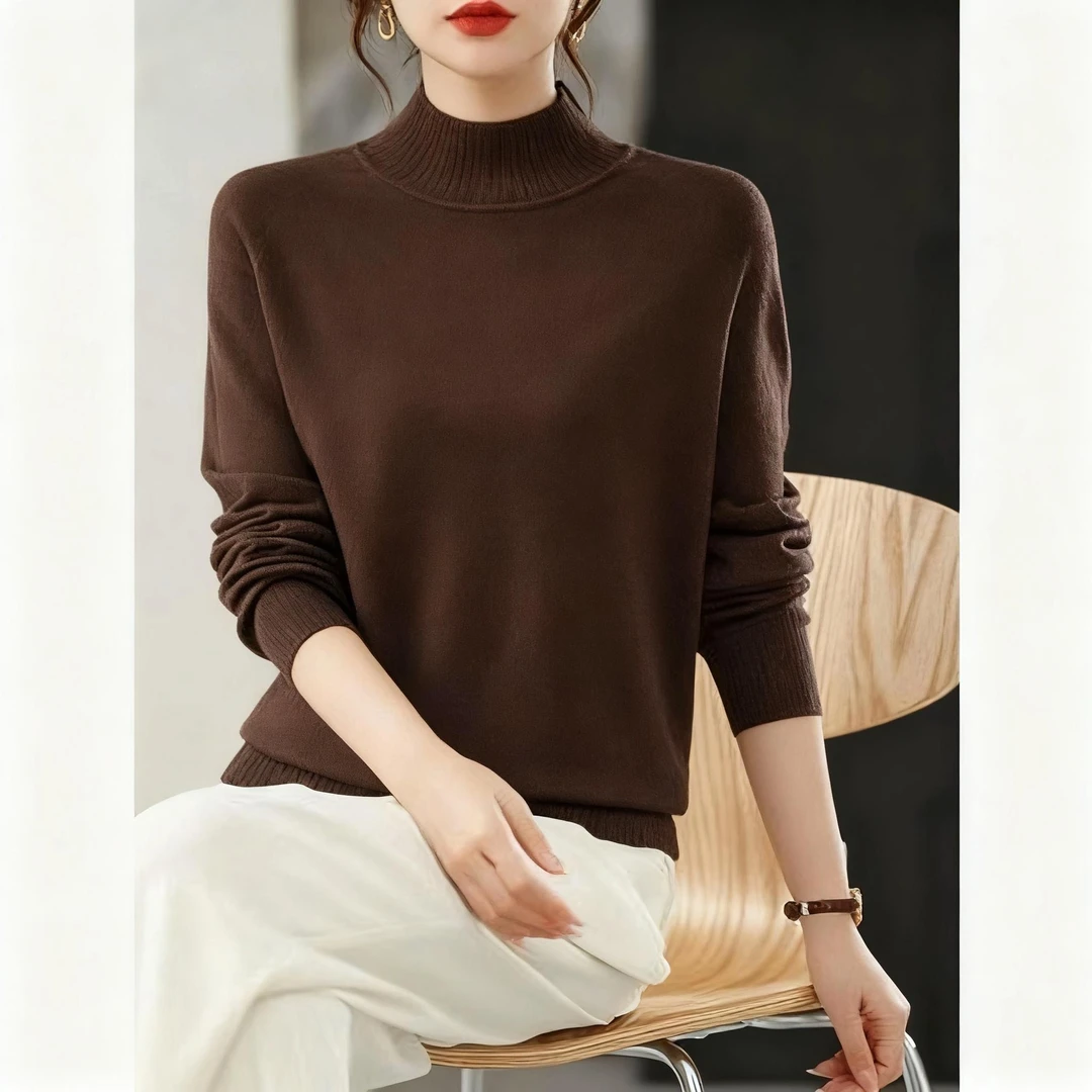 针织半高领常规款正肩纯色羊绒衫长袖休闲女款套头衫