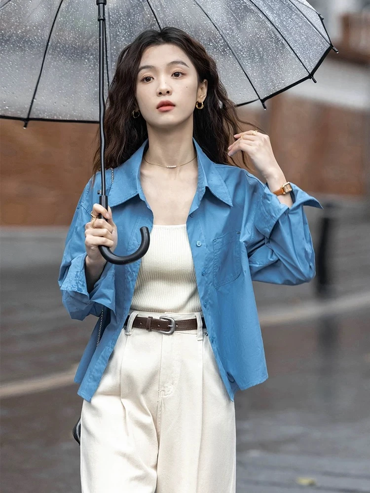 2025春季新款韩系穿搭高级感蓝色衬衫上衣女搭配休闲裤显瘦两件套