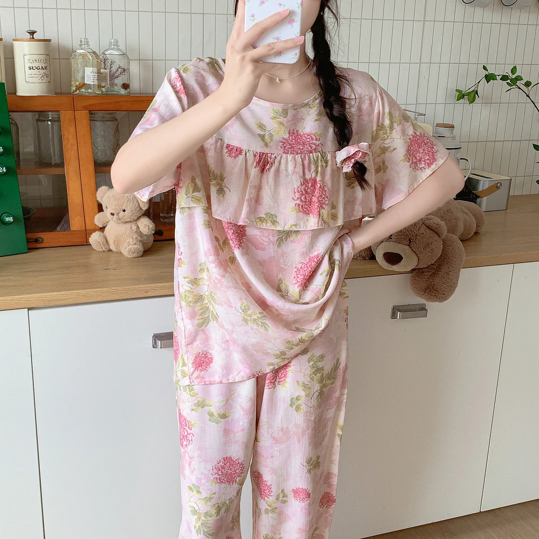 防凸点棉绸睡衣女夏短袖长裤中年妈妈绵绸家居服人造棉套装小个子