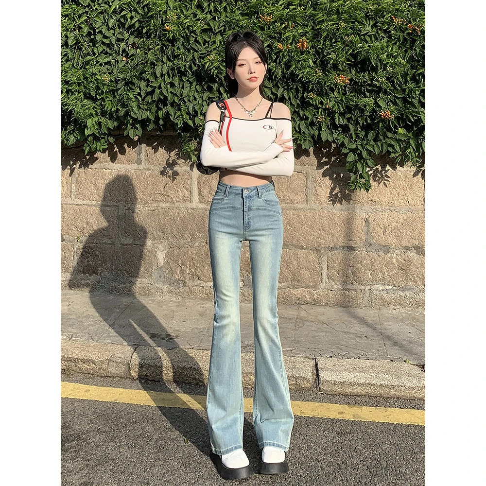 浅蓝色微喇叭牛仔裤女春秋季小个子高腰修身显瘦弹力百搭马蹄裤子