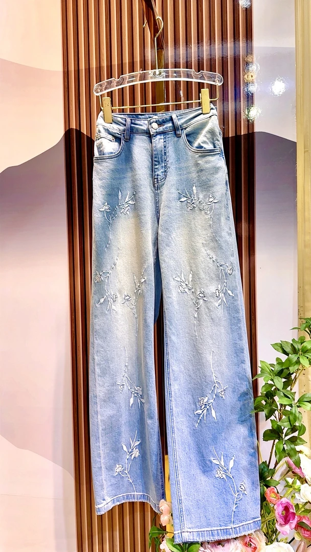 【金兰裤-】新中式国风春夏复古刺绣高端刺绣高腰直筒宽松牛仔裤