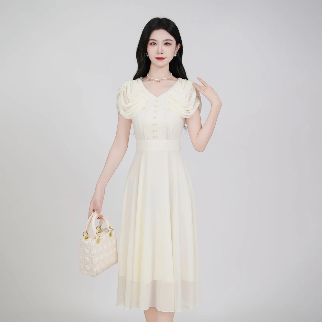 2025夏季时尚气质显瘦轻奢短袖连衣裙法式收腰长裙女