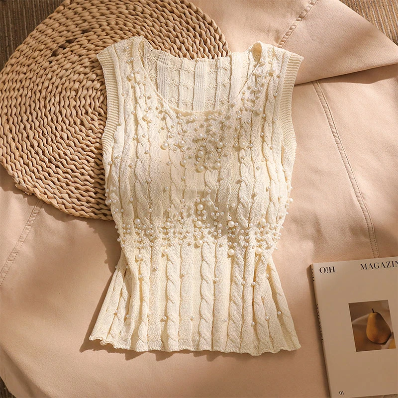 重工钉珠麻花针织背心女2025夏款独特别致U领T恤高级感无袖小上衣
