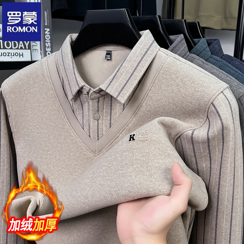 罗蒙2025年秋冬季加绒加厚套头针织衫毛衣保暖休闲商务简约上衣