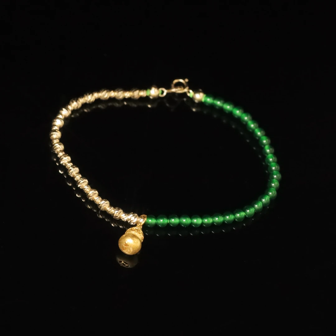 HelloMetal 18k金天然翡翠A货葫芦手链 正阳绿高冰种