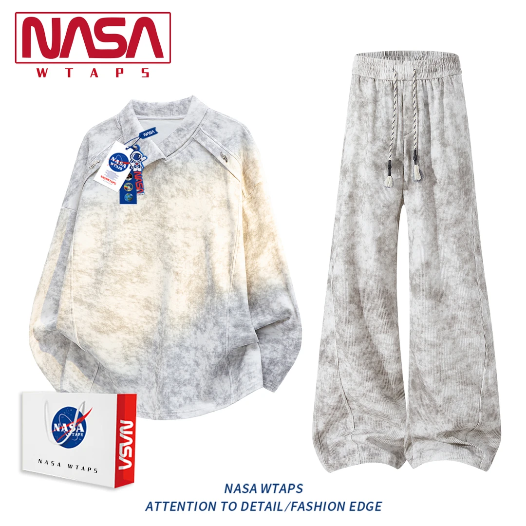 NASA WTAPS美式复古卫衣套装男士春秋季扎染高级感休闲裤两件套男