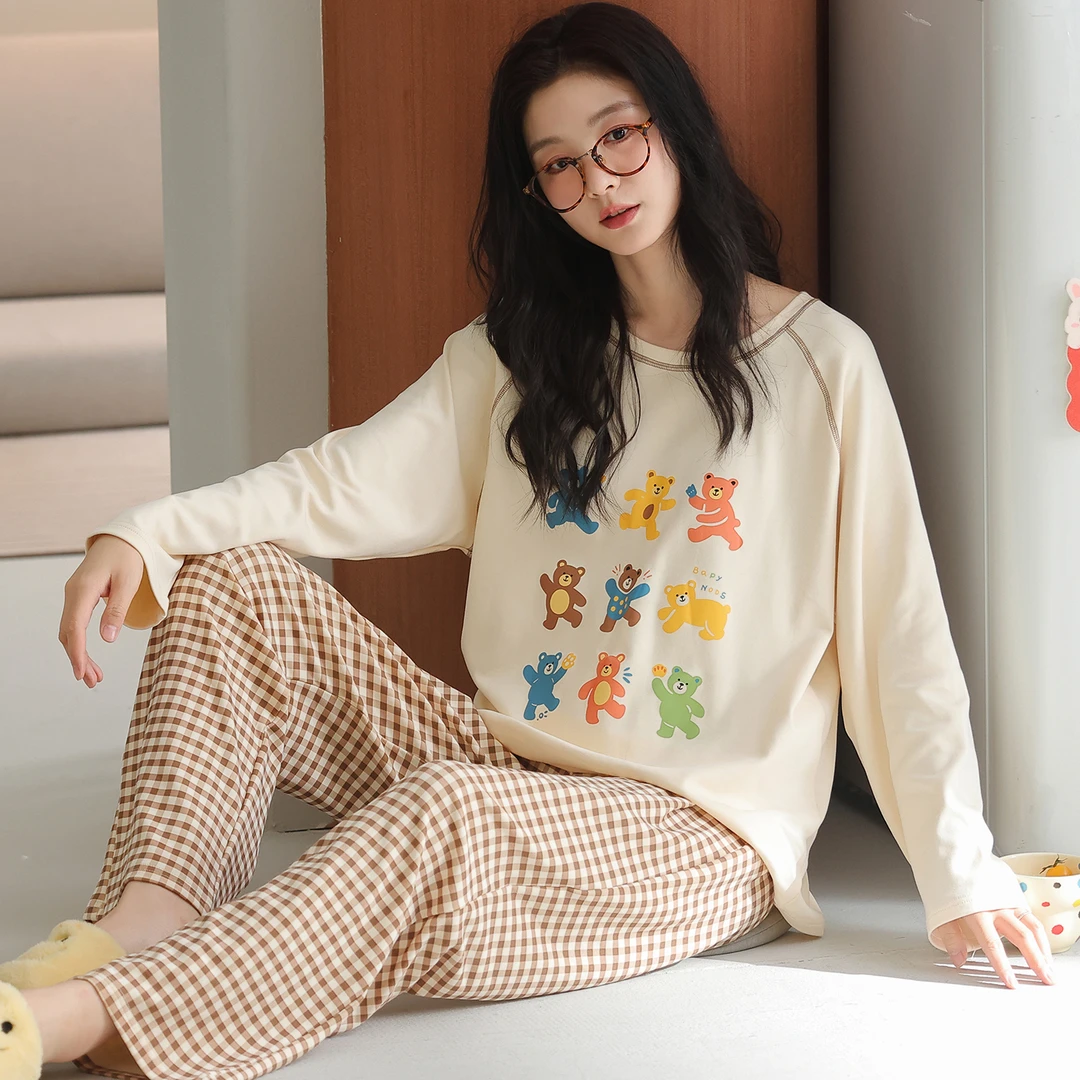 卡之恋睡衣女春秋季新款长袖纯棉浅灰小兔多彩小熊洋气可外穿居服