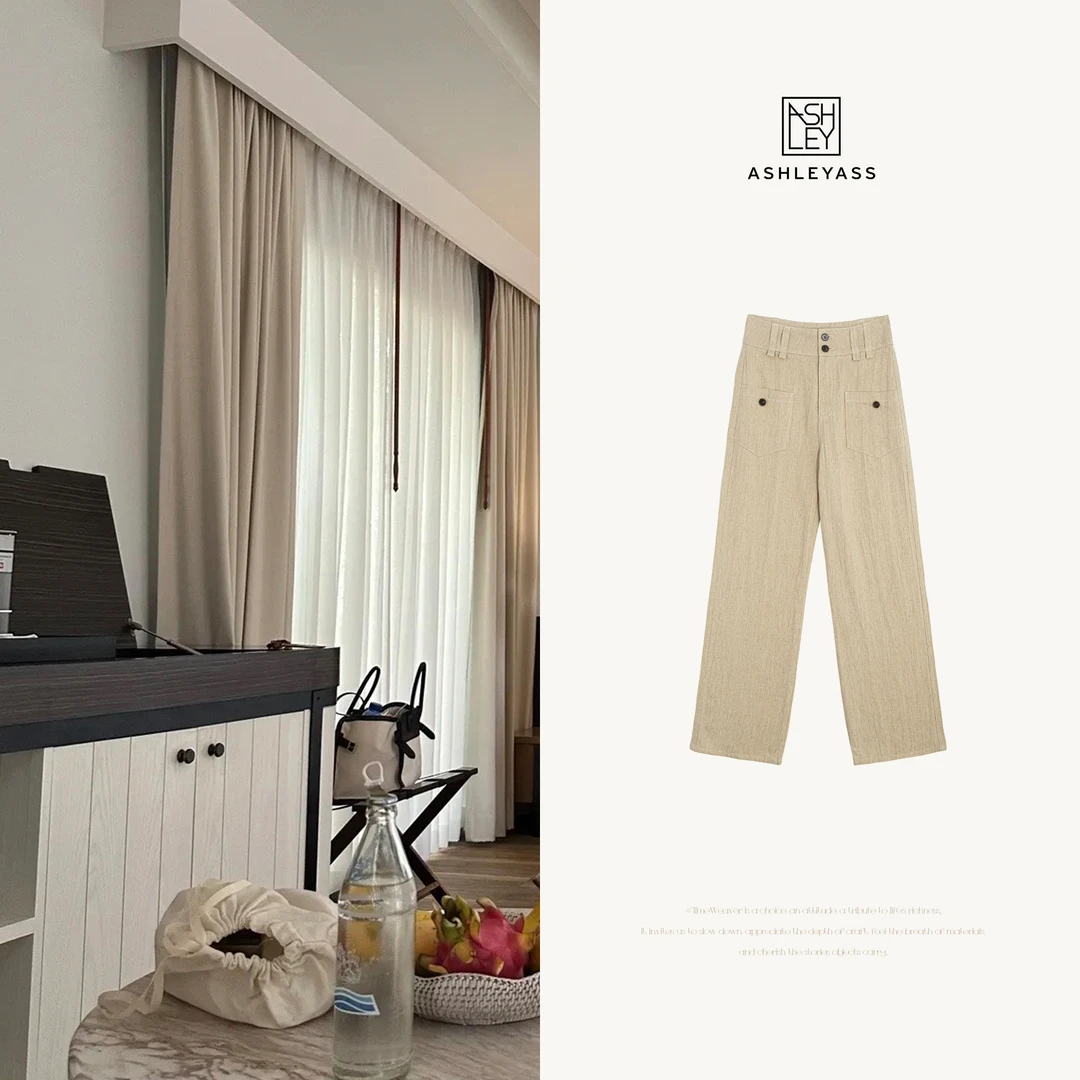 ashleyass“贴袋麻裤”前幅贴袋设计师YKK拉链休闲裤LSK250431W