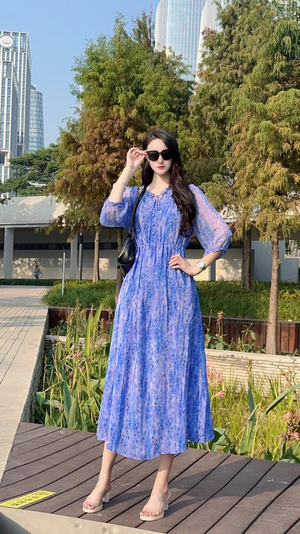 【2547栀子思绪】25年新款蓝色蚕丝印花连衣裙长118-120