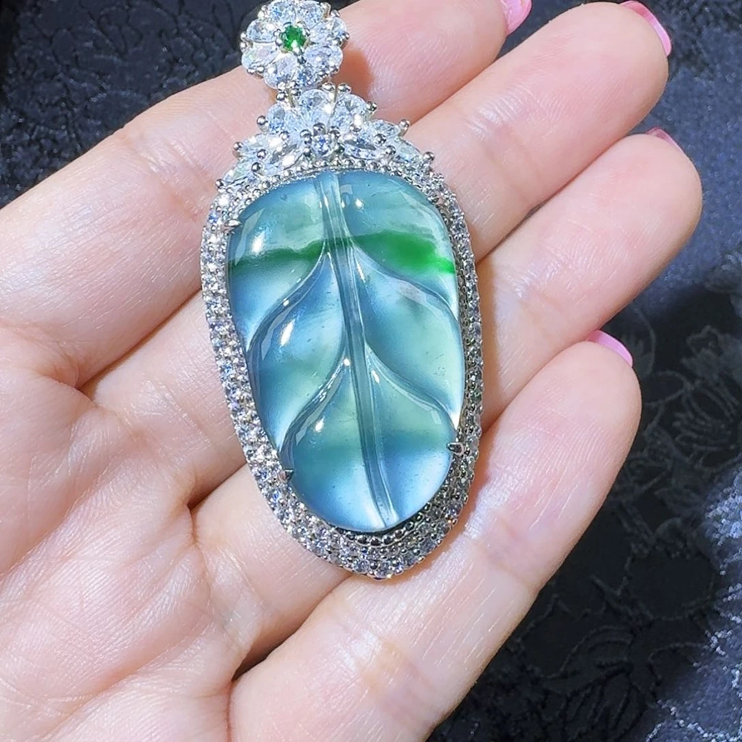 翡翠吊坠(不含链)银S925镶嵌大*儿叶子