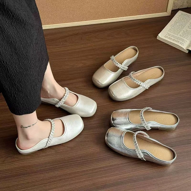 丽拖鞋2025法式新款单鞋女外夏季外穿时尚水钻平底包头公主风B06