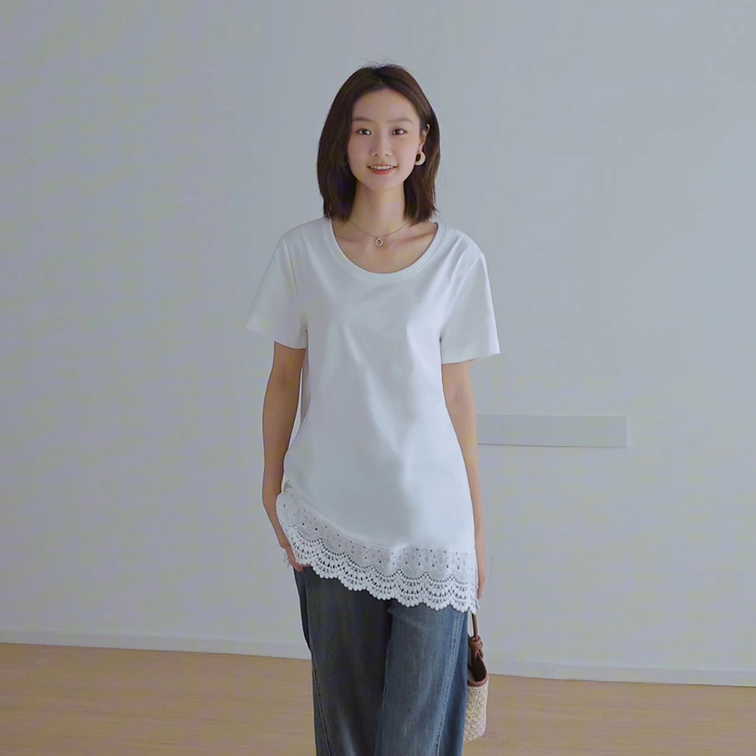 蕾丝花边t恤女短袖遮屁股宽松显瘦露锁骨中长款打底长款大U领上衣