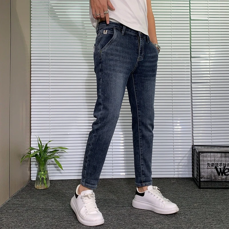 男士九分牛仔裤2025新款斜插口袋蓝灰色修身百搭潮流弹力高端裤子