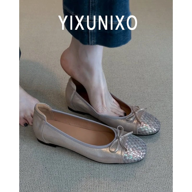羊皮版~法式复古蝴蝶结编织芭蕾鞋女时尚简约百搭浅口软底单鞋女