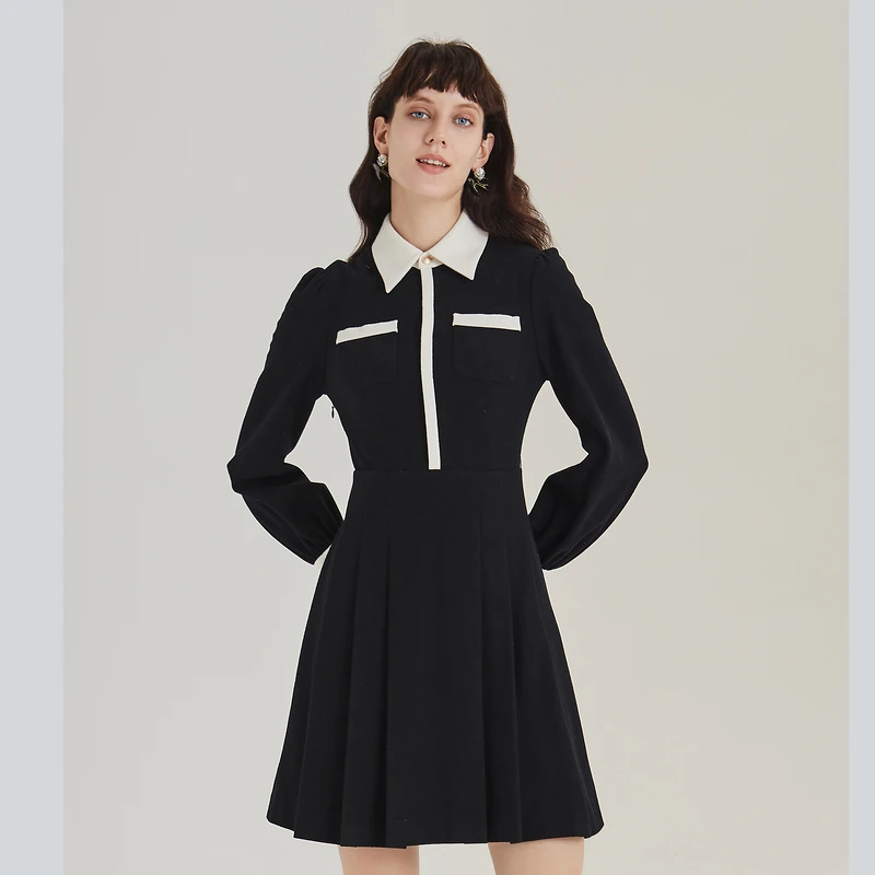 OBEG欧碧倩冬季撞色收腰连衣裙衬衫领裙10404118