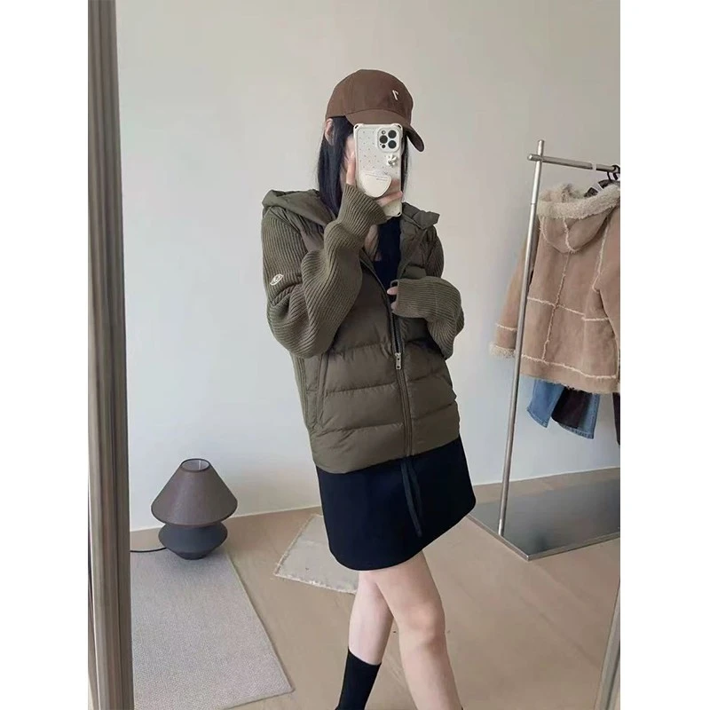 韩系复古针织拼接连帽棉服外套女冬季高级感修身显瘦轻薄棉衣棉袄