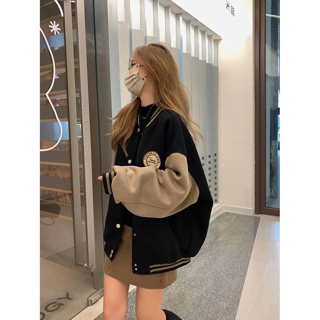 慵懒风棒球服外套女秋冬新款加绒加厚美式复古宽松学生卫衣ins潮