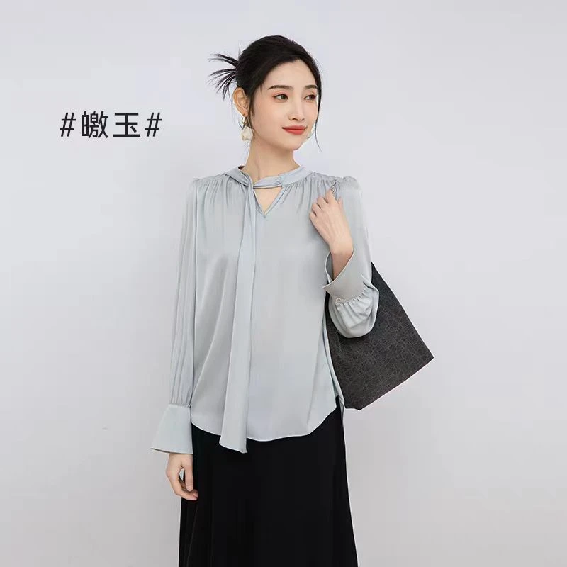 青山家 真丝法式衬衫内搭上衣春夏款飘带长袖蝴蝶结桑蚕丝衬衣女